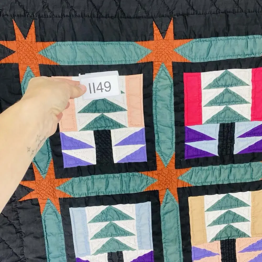 Vintage Handmade Millie Black Green Tree Star Quilt 42x32